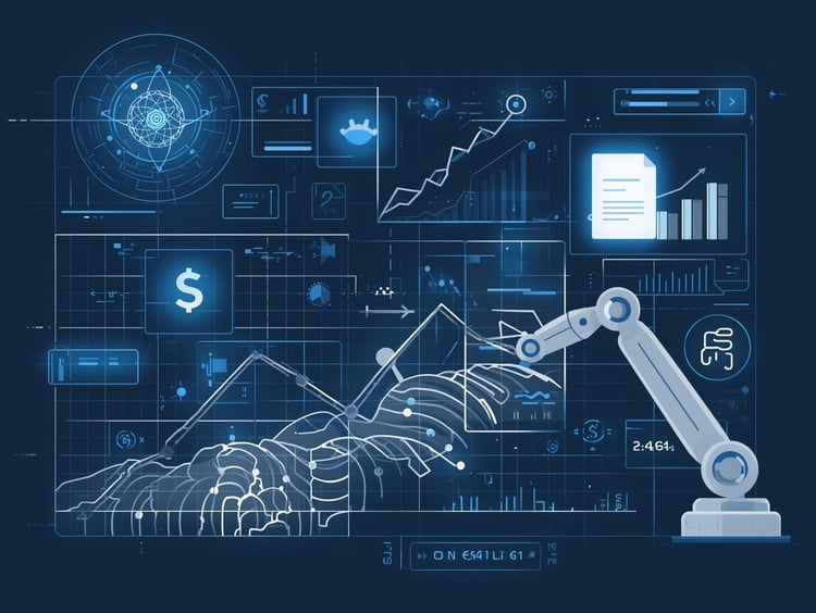 Illustration of AI-enhanced financial operations featuring digital dashboards, graphs, and finance icons. Symbolizes automation, oversight, and real-time insights in enterprise finance environments.